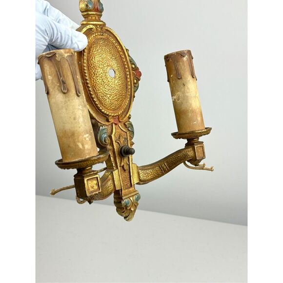 Antique Bronze Art Nouveau Double Arm Wall Sconce Light Fixture Victorian Gothic - Picture 4 of 8